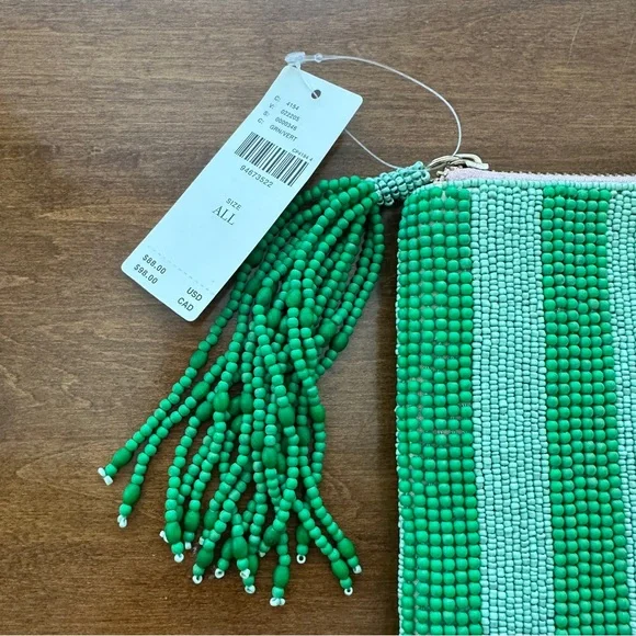 NEW Anthropologie Fiona Green Beaded Tassel Zip Clutch Bag Pouch Teacup Design - Picture 5 of 7